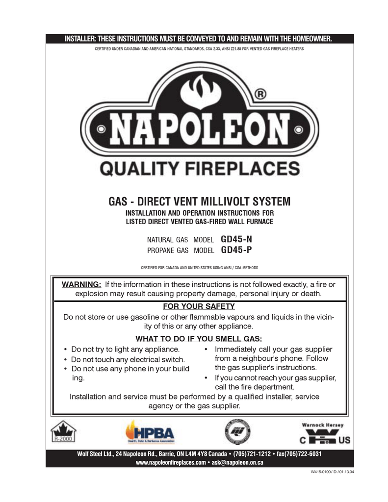 Napoleon Fireplaces Gd45 N User S Manual Manualzz