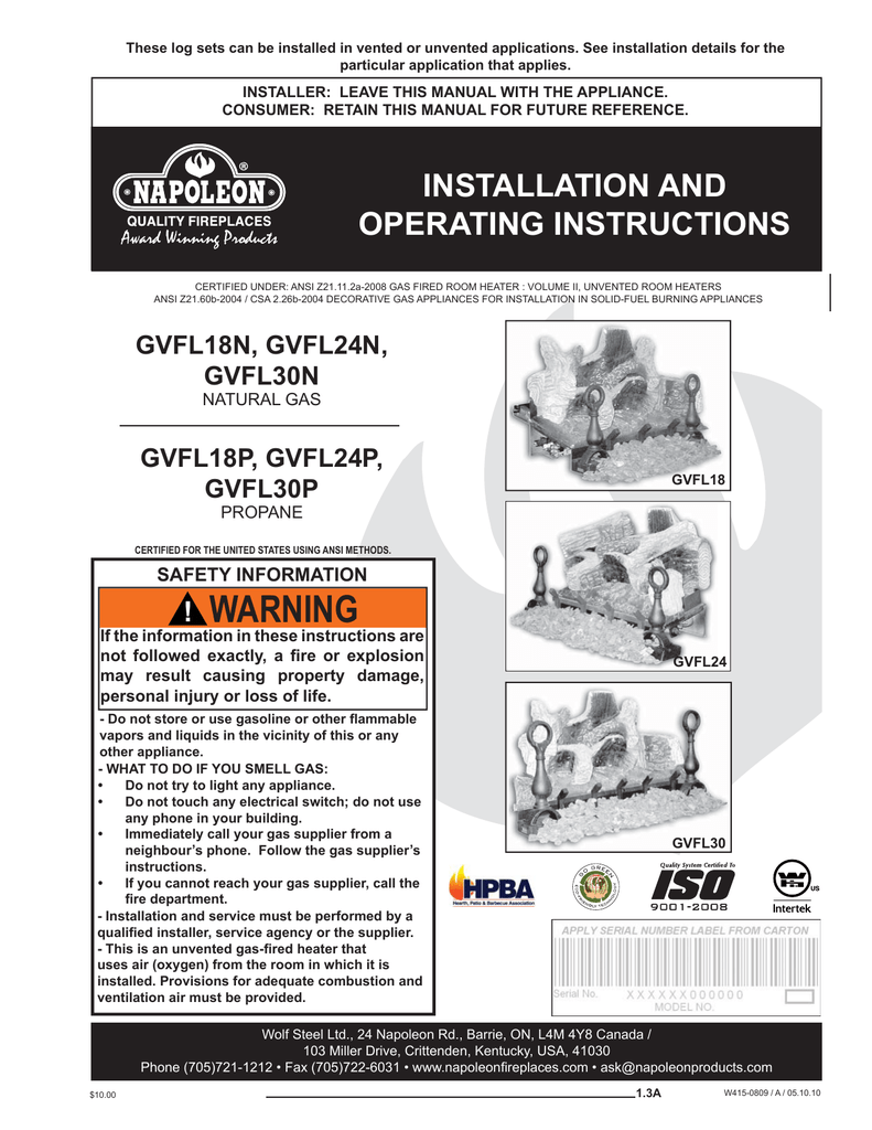 Napoleon Fireplaces Gvfl18 User S Manual Manualzz Com