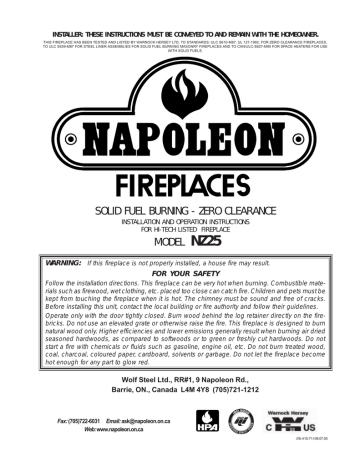 Napoleon Fireplaces NZ25 User's Manual | Manualzz