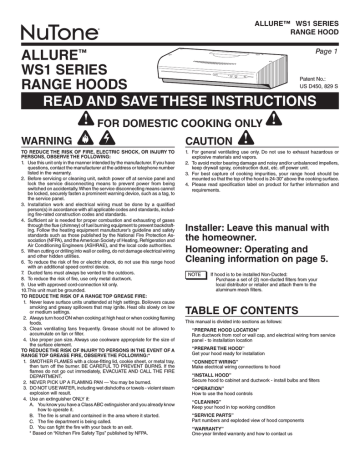 NuTone WS1 ALLURE Range Hood User Manual | Manualzz