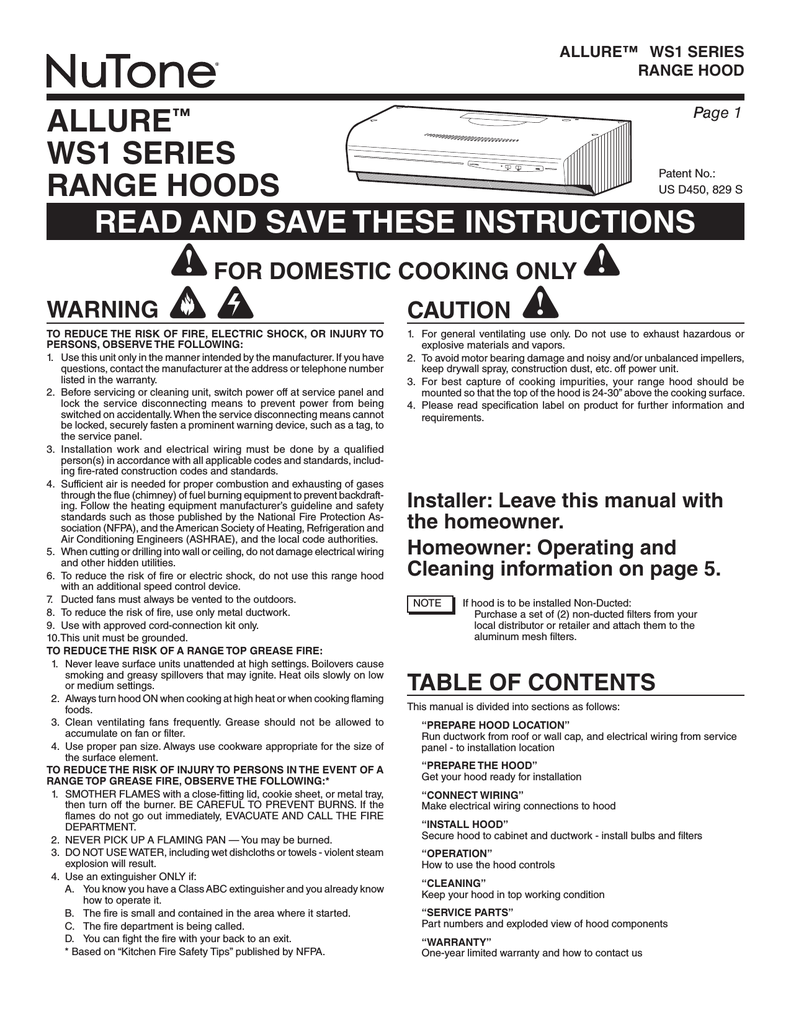 nutone ws1 series range hood