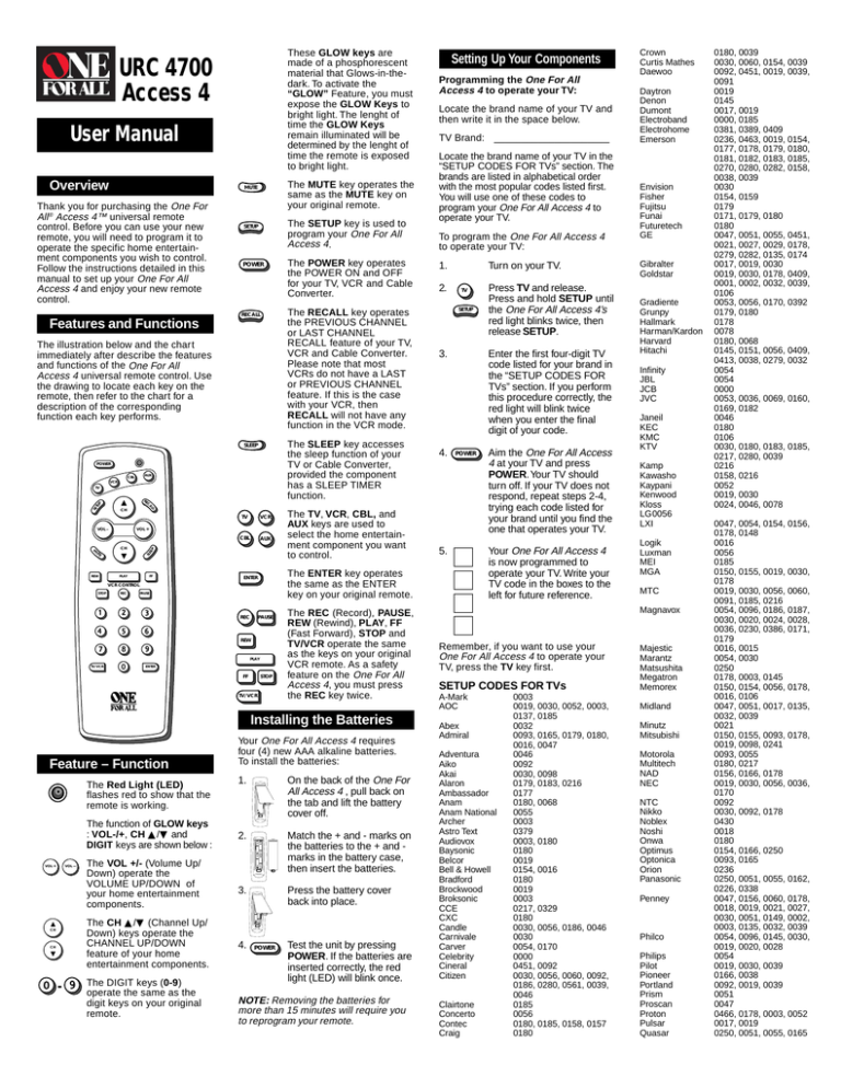 One for all urc 4700 urc 4700 access 4 user manual manualzz