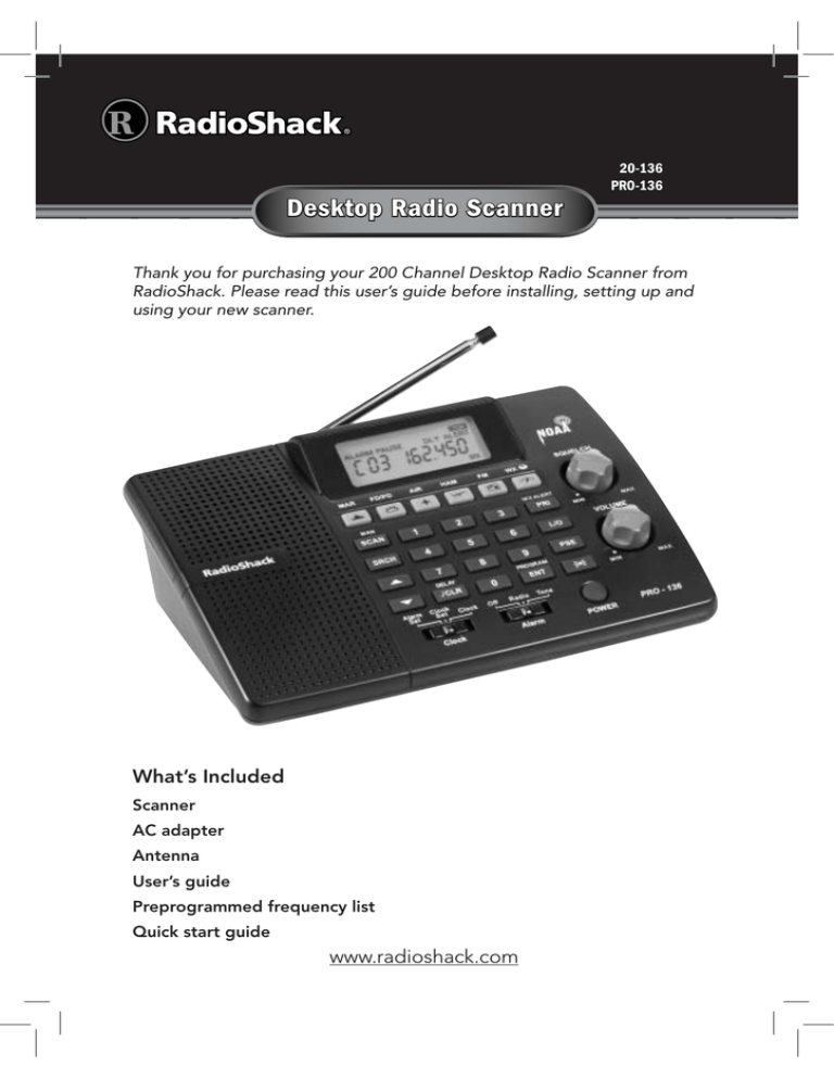 Radio Shack PRO136, Desktop Radio Scanner, 20136 Owner's manual