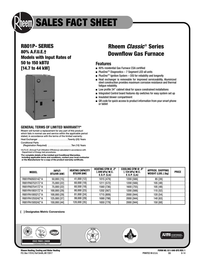 Rheem R801P Sales Fact Sheet | Manualzz