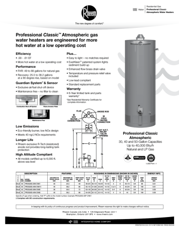 Rheem Professional Classic Series: Atmospheric Specification Sheet ...