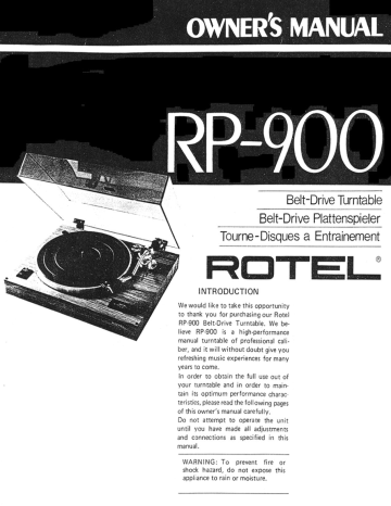 Rotel RP-900 Belt-Drive Turntable Owners Manual | Manualzz