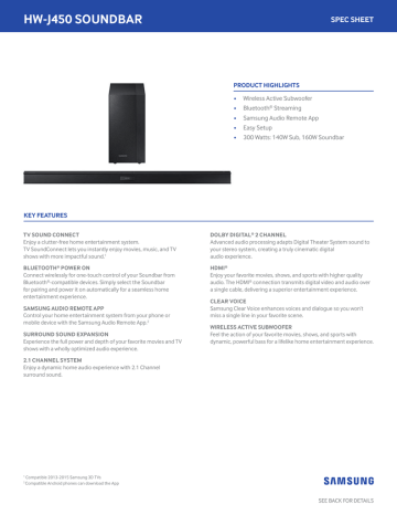 Samsung HW-J450/ZA Specification Sheet | Manualzz