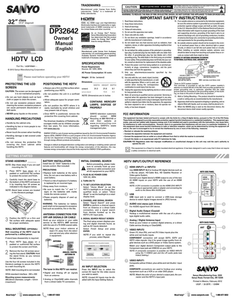 Sanyo DP32642, FVM3982, FVM5082, DP58D33, DP42D23, DP50842 User's ...