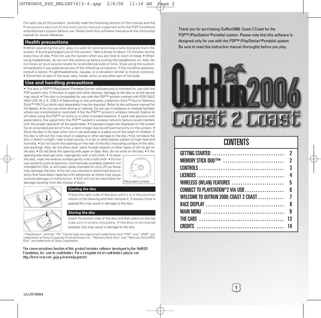 Sega Outrun 06 Coast 2 Coast Ulus User S Manual Manualzz