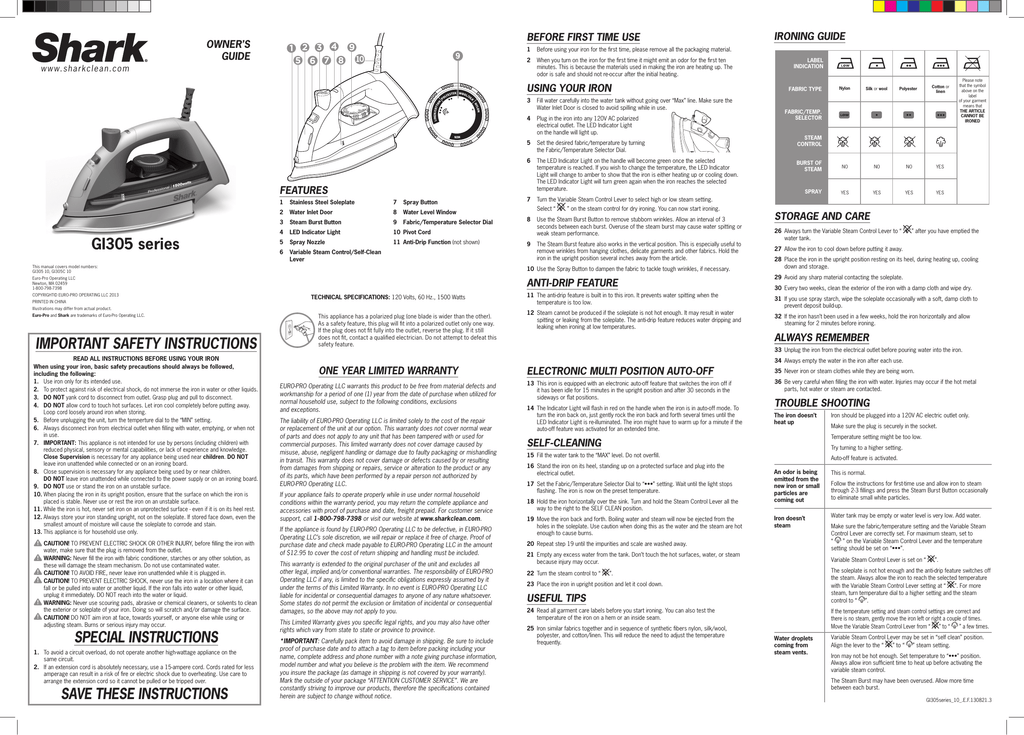 Shark Gi305 User Manual Manualzz, Shark Lightweight Professional Iron 1500 Watts Manual