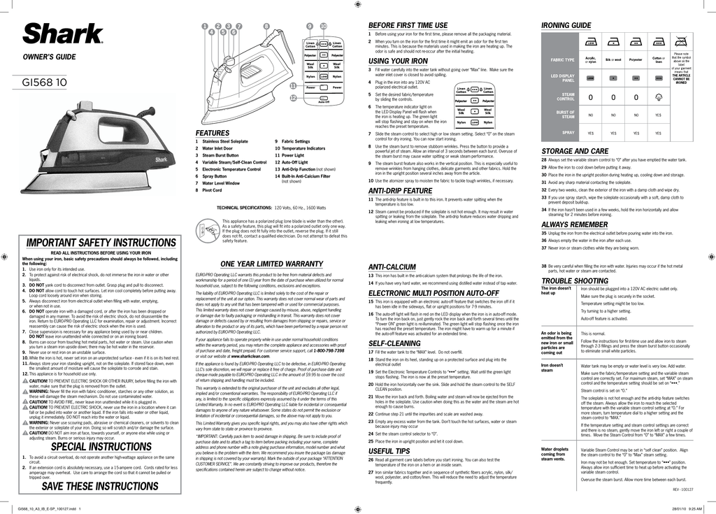 User manual Shark Lightweight Professional Steam Iron (English - 2