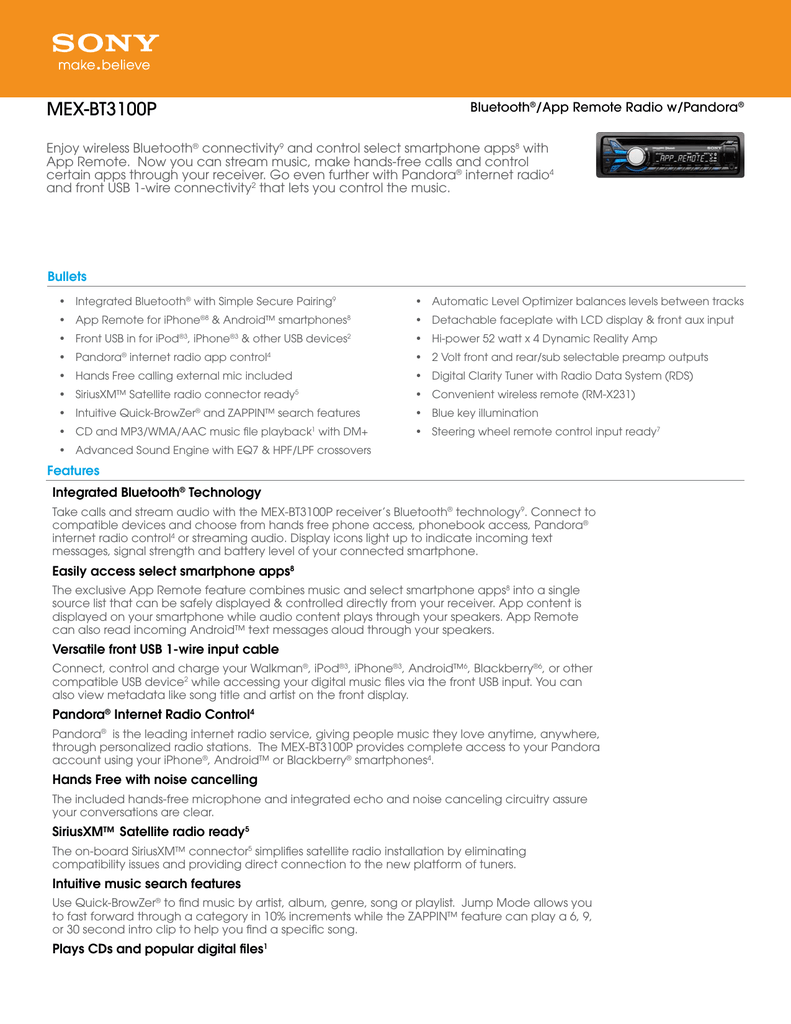 Sony MEX-BT3100P Marketing Specifications | Manualzz