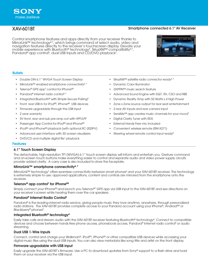 Sony XAV-601BT Marketing Specifications | Manualzz