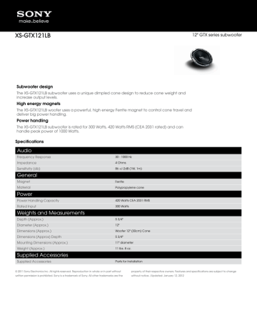 Sony XS-GTX121LB Marketing Specifications | Manualzz