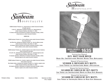 Sunbeam 1635 User's Manual | Manualzz
