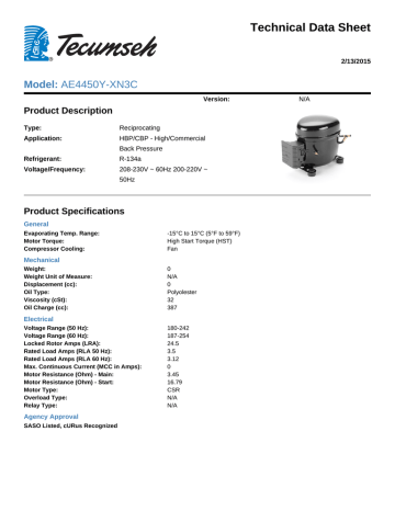 Tecumseh AE4450Y-XN3C Technical Data Sheet | Manualzz