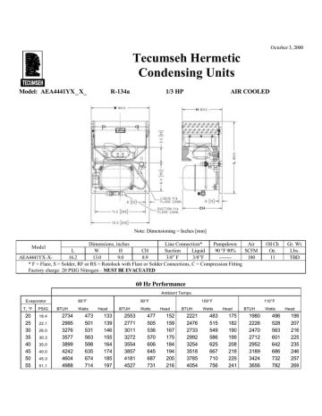 Tecumseh AEA4441YXAXA Performance Data Sheet | Manualzz