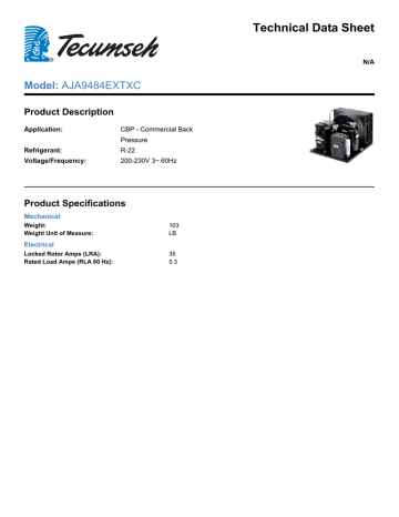 Tecumseh AJA9484EXTXC Technical Data Sheet | Manualzz