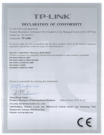 TP-Link TL-SG3210 V1 Declaration of Conformity | Manualzz