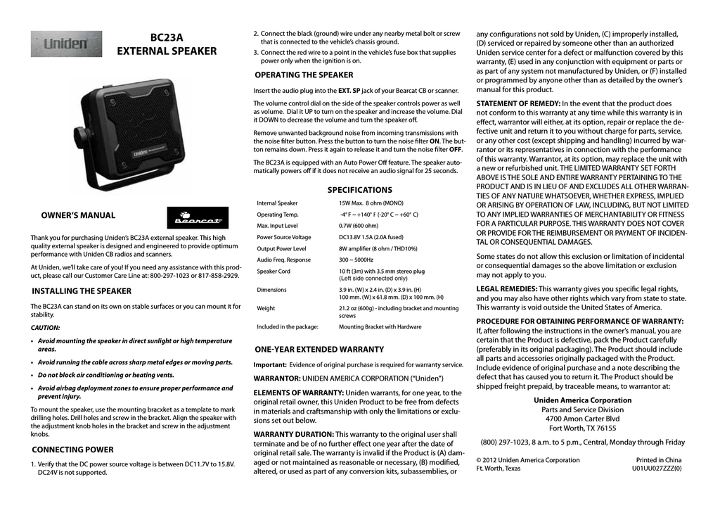 B Uniden Bearcat 15 Watt Amplified External Speaker BC23A