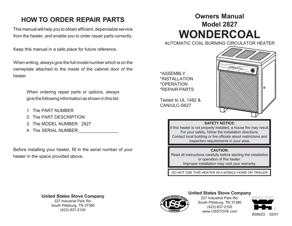 United States Stove WONDERCOAL 2827 User's Manual | Manualzz