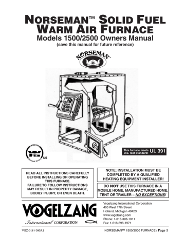 Vogelzang International NORSEMANTM SOlid FuEl WARM AiR FuRNAcE 2500 User's  Manual | Manualzz