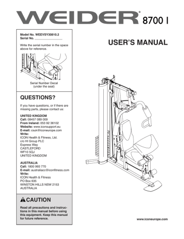 Weider 8700 I User manual Manualzz