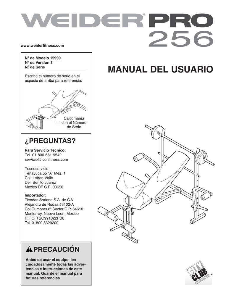Weider Pro 256 Bench 15999 User S Manual Manualzz