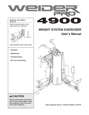 Weider PRO 4900 WEIGHT SYSTEM EXERCISER 15403 User's Manual | Manualzz