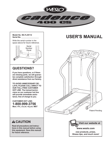 IMPORTANT PRECAUTIONS. Weslo Cadence 400cs Treadmill, WLTL39112 | Manualzz