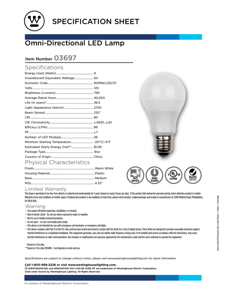 Westinghouse 9 Watt Omni-Directional LED Light Bulb 0369700 ...