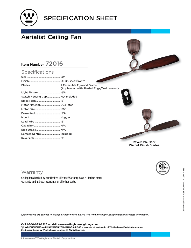 Westinghouse 52 Inch Specification Sheet Manualzz Com