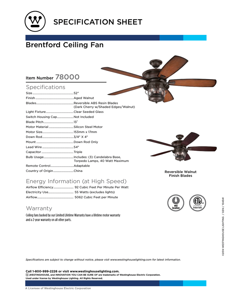 Westinghouse 52 Inch Specification Sheet Manualzz Com