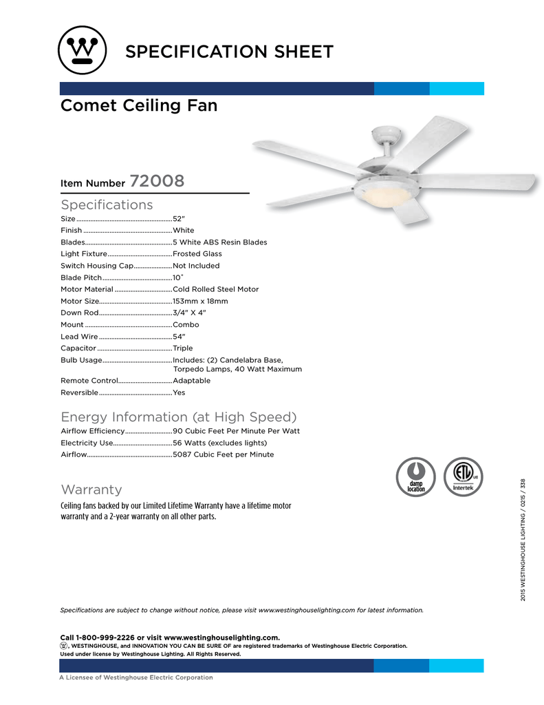 Westinghouse 52 Inch Specification Sheet Manualzz