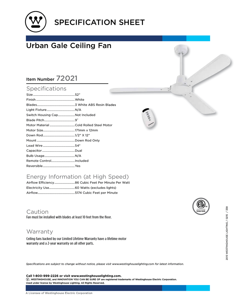 Westinghouse 52 Inch Specification Sheet Manualzz Com