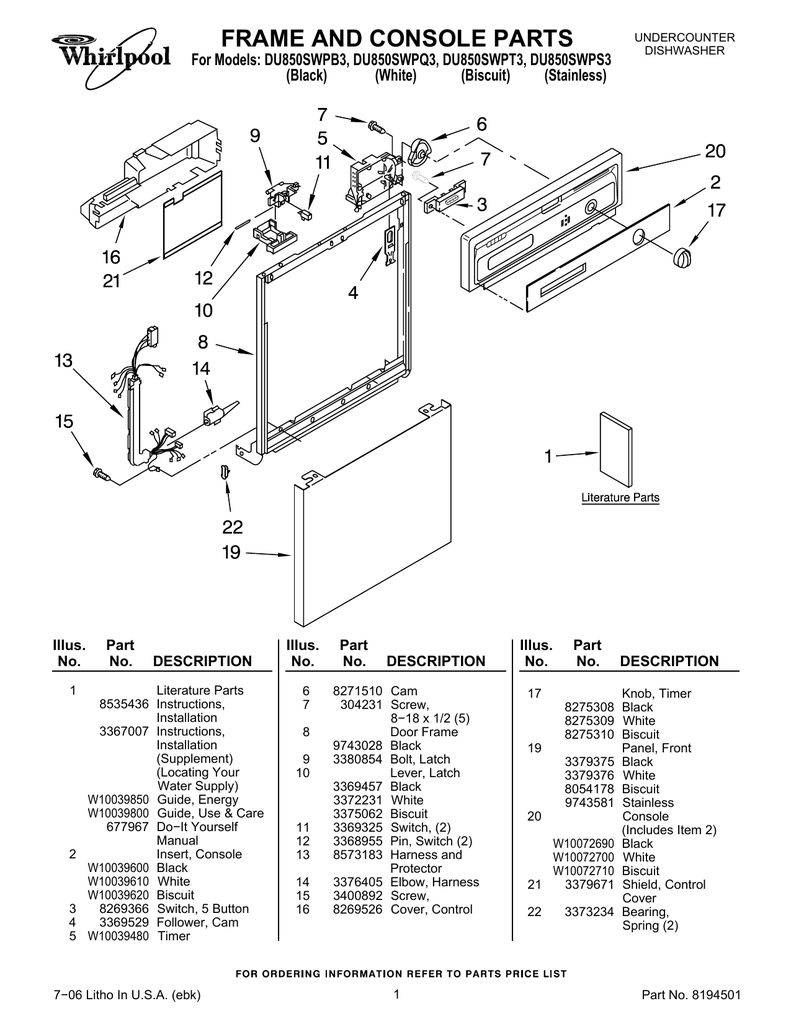 whirlpool dishwasher du850swpb3
