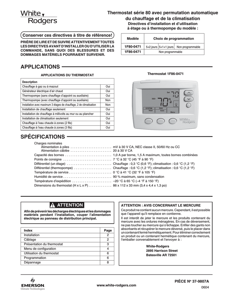 White Rodgers 1F80-0471 Installation and Operation Instructions (French