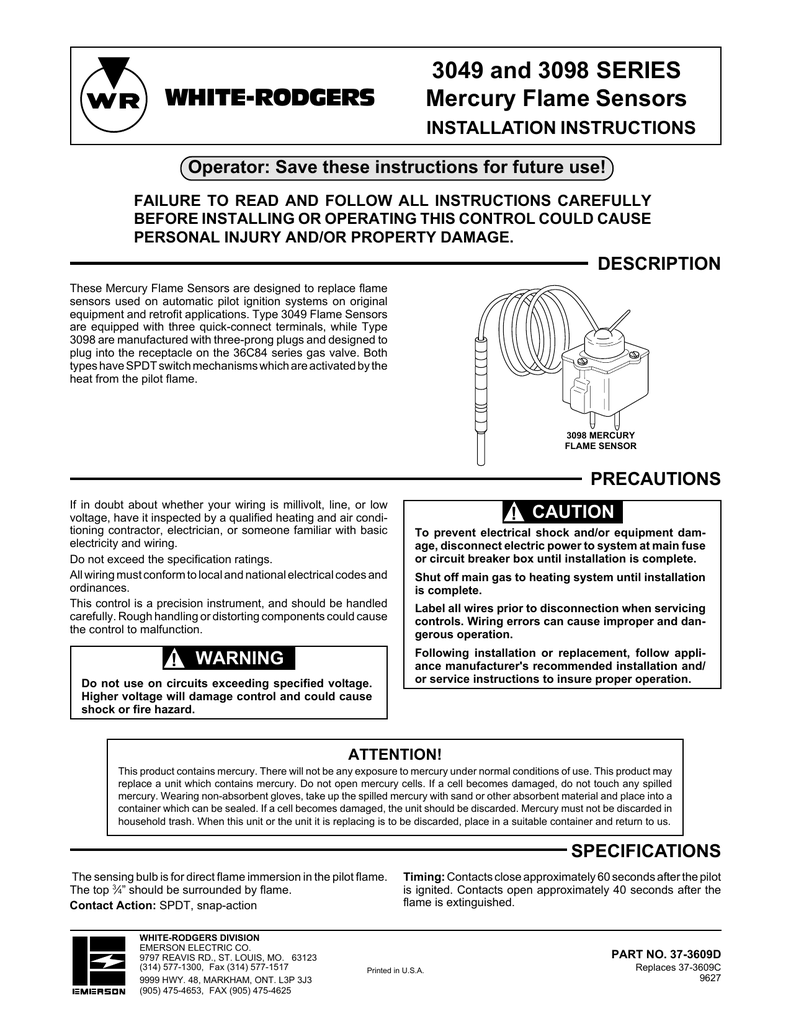 White Rodgers Mercury Flame Sensor 3098 User Manual Manualzz