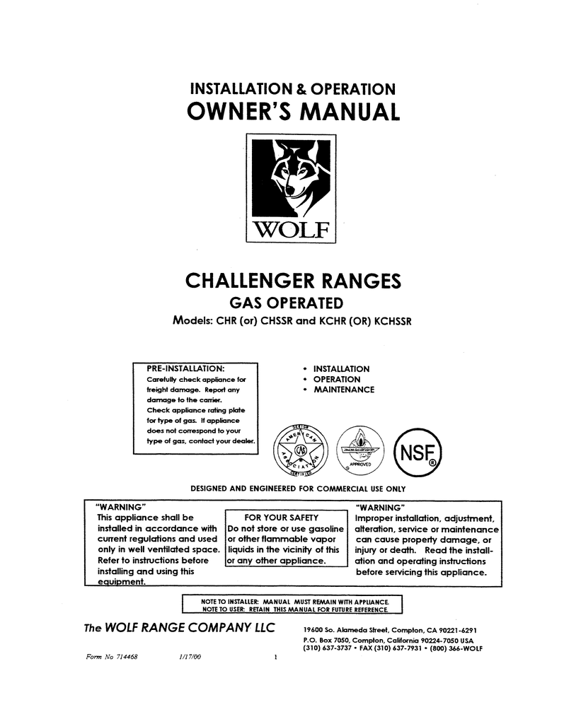 Wolf C60SC-6B24GN Challenger XL Series Natural Gas 60 Manual