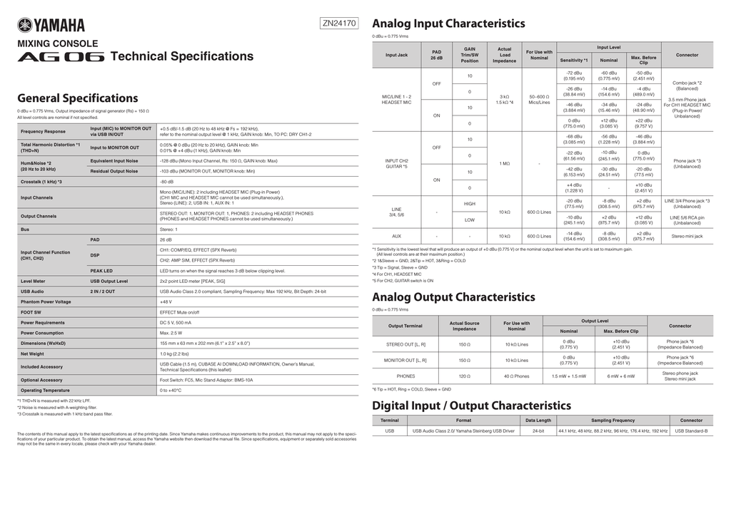 Yamaha Ag06 Specification Manualzz