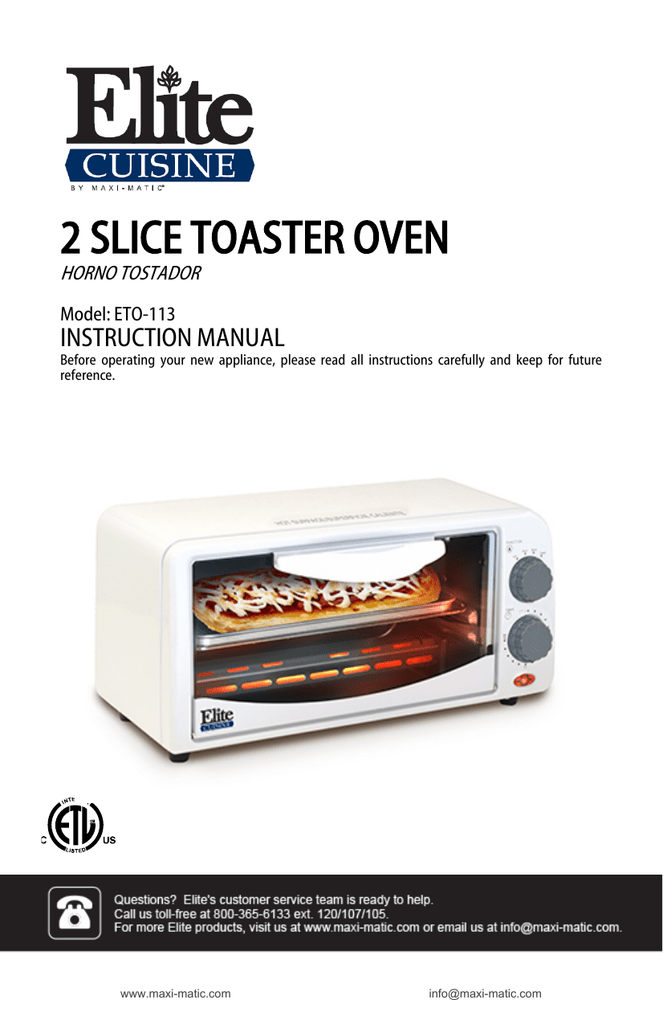 White ETO-113	Elite Cuisine ETO-113 Maxi-Matic 2-Slice Toaster Oven with 15 Minute Timer 