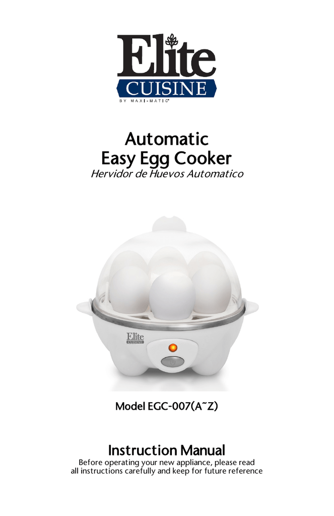 Elite Gourmet EGC-007 Easy Egg Cooker Instruction Manual