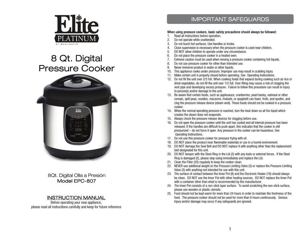 Elite platinum pressure cooker manual hot sale