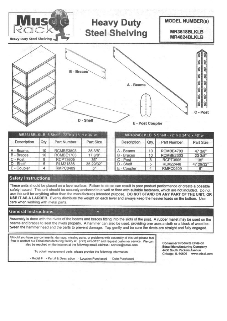Edsal Mr482472blb Instructions, Muscle Rack Shelving Horizontal Assembly Instructions Pdf