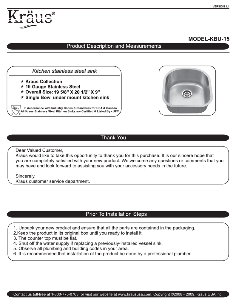 KRAUS KBU15 Installation Guide | Manualzz