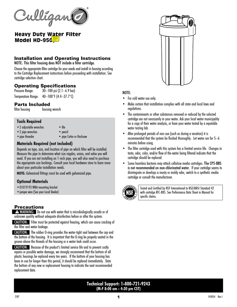 Culligan CULLIGAN-HD-950 Instructions / Assembly | Manualzz
