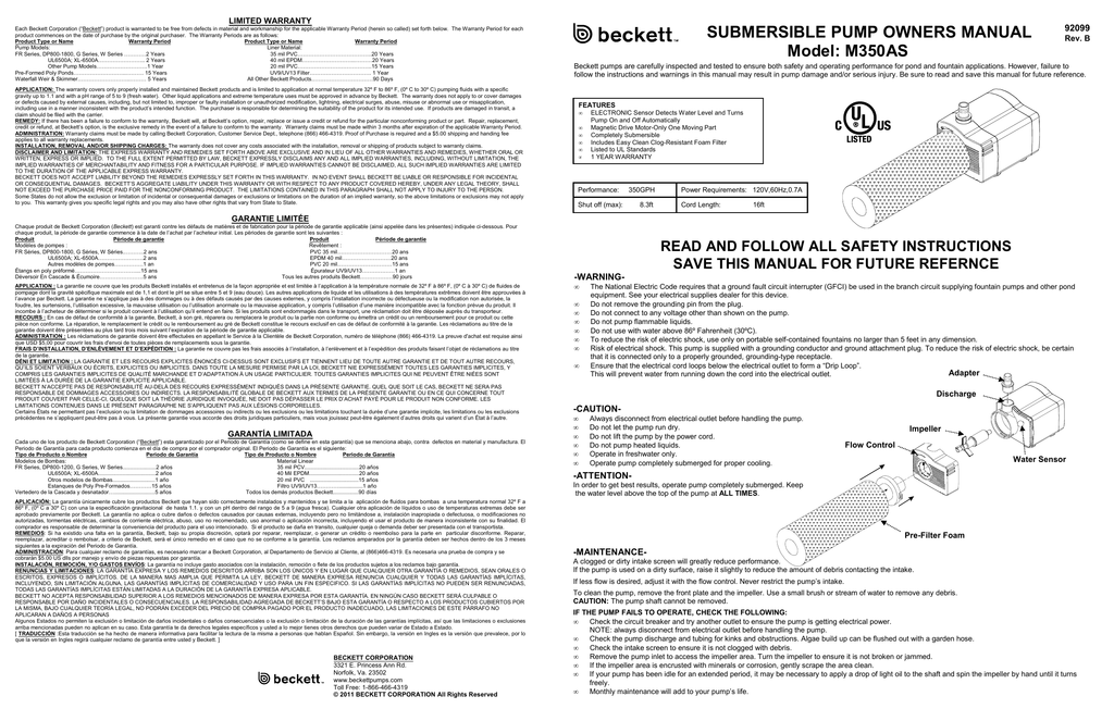 Beckett M350AS Instructions / Assembly Manualzz
