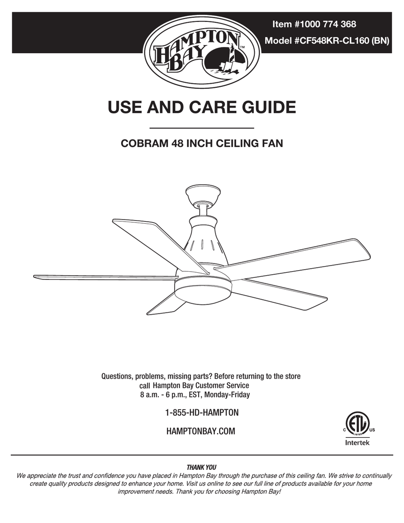Hampton Bay Cf548kr Cl160 Orb Instructions Assembly