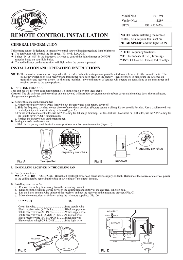 Hampton Bay 70830 Instructions, Hampton Bay Ceiling Fan Switch