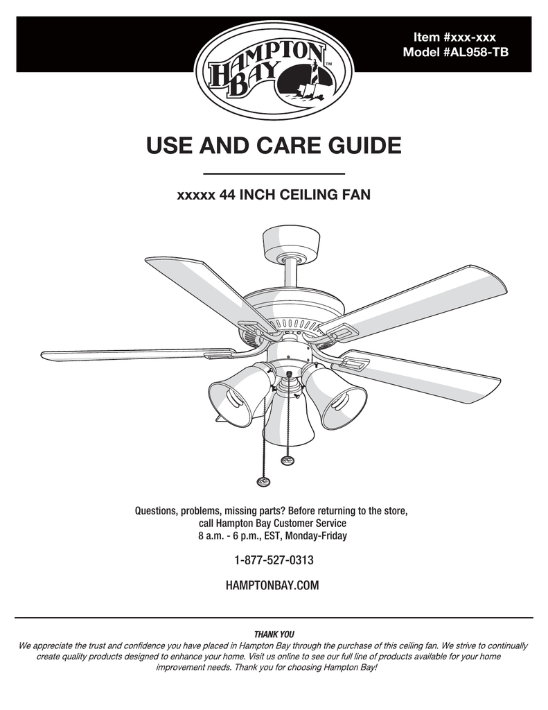 Hampton Bay Al958 Tb Use And Care Manual Manualzz Com